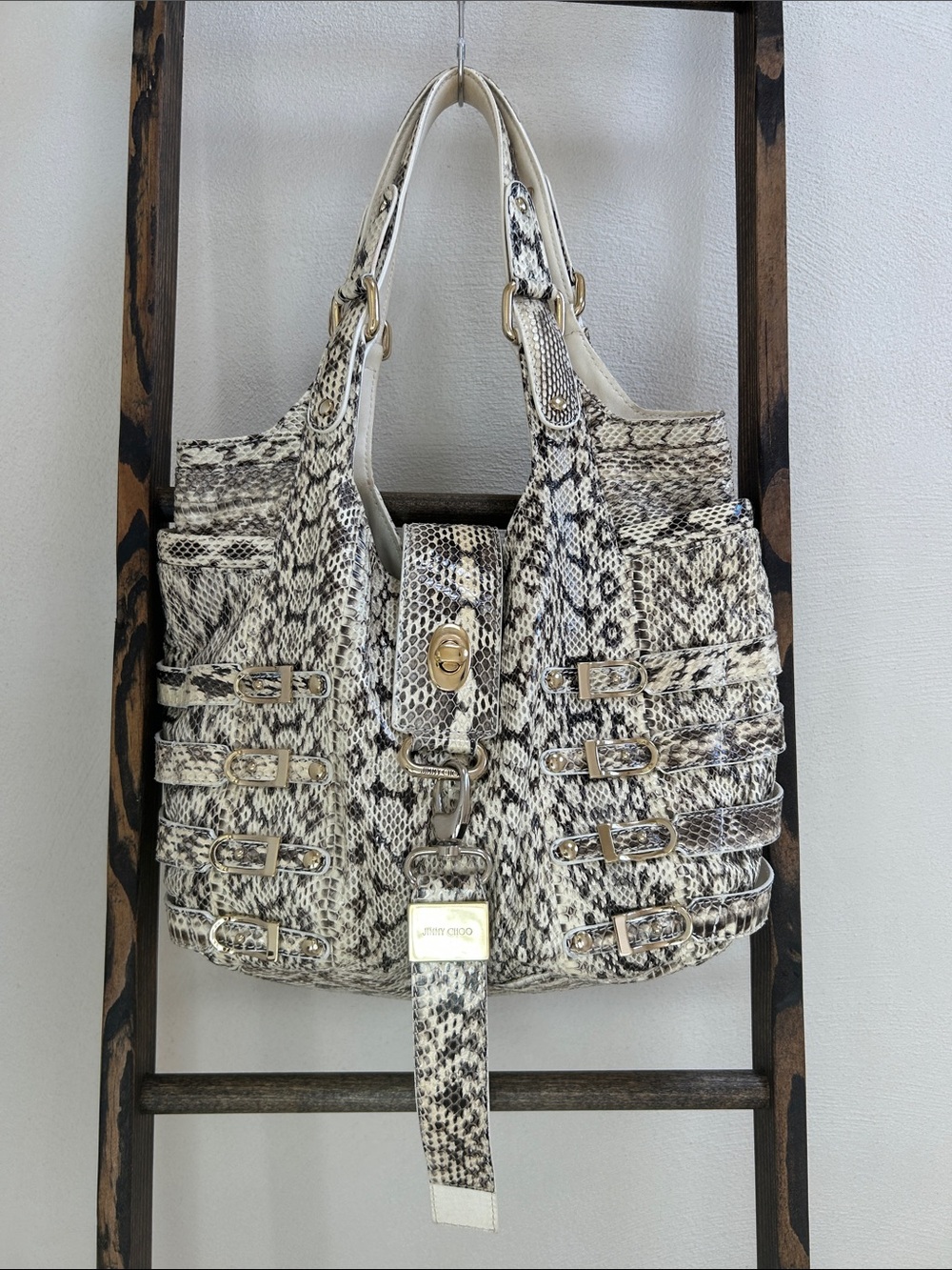 Jimmy Choo Python-Print Shoulder Bag in Cream and Black